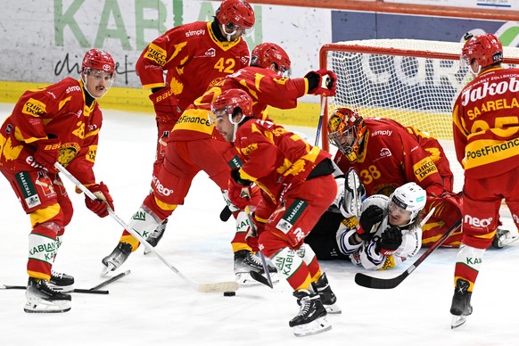 Tigers Spieler und Goalie Stephane Charlin, im Kampf um den Puck gegen Fribourgs Marcus Soerensen, und Kilian Mottet, hinten beim Eishockey-Qualifikationsspiel der National League zwischen den SCL Tig ...