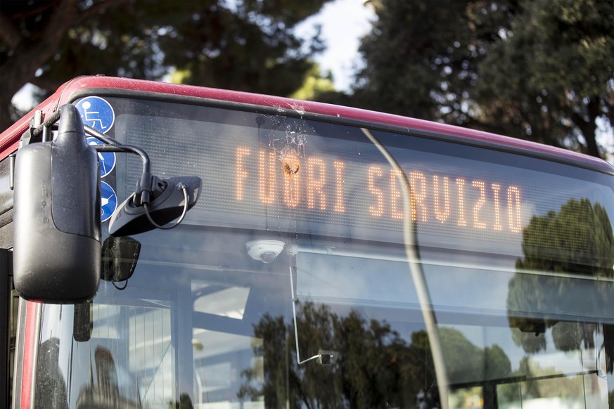 An off duty bus is seen at Termini train station during a public transportation strike in Rome, Friday, Oct. 27, 2017. (Massimo Percossi/ANSA via AP)