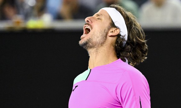 epa09690816 Feliciano Lopez of Spain reacts during his first Round Men&#039;s singles match against John Millman of Australia on Day 1 of the Australian Open tennis tournament, at Melbourne Park, in M ...