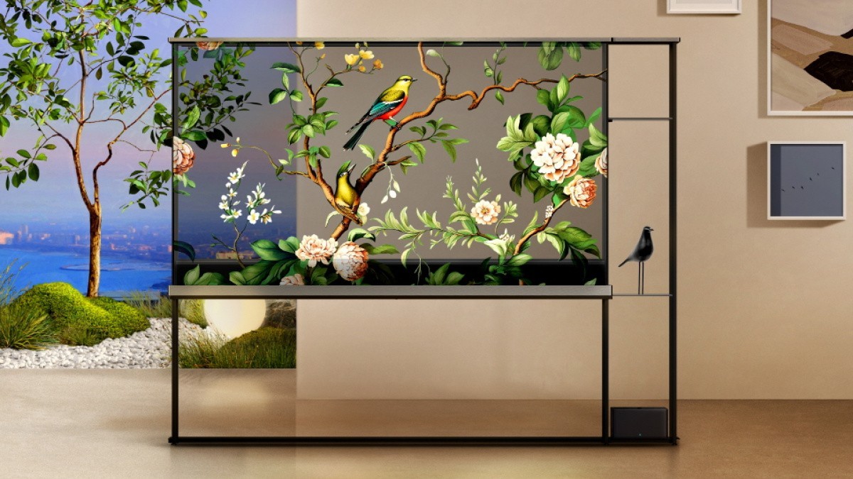 LG Signature OLED T: Bild und Ton werden von der separaten TV-Box kabellos auf den transparenten Bildschirm übertragen.
