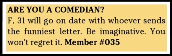 Long Lost Personals - Dating-Annoncen anno dazumal.

https://www.instagram.com/longlostpersonals/