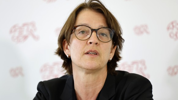 Tatjana Haenni, Direktorin Frauenfussball, spricht waehrend einer Medienkonferenz des Schweizerischen Fussballverbands SFV zur Strategie 2021-2025, am Donnerstag, 7. April 2022 in Muri bei Bern. (KEYS ...