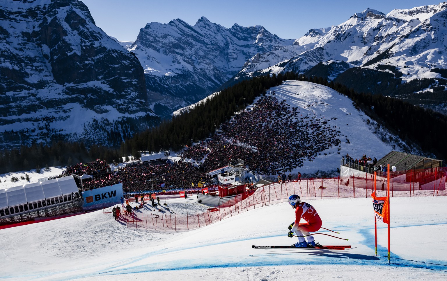 Marco Odermatt of Switzerland in action during the men's Downhill race at the Alpine Skiing FIS Ski World Cup, in Wengen, Switzerland, Saturday, January 18, 2025. (KEYSTONE/Jean-Christophe Bott)