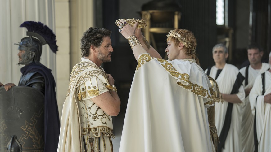 This image released by Paramount Pictures shows Pedro Pascal, left, and Joseph Quinn in a scene from &quot;Gladiator II.&quot; (Aidan Monaghan/Paramount Pictures via AP)