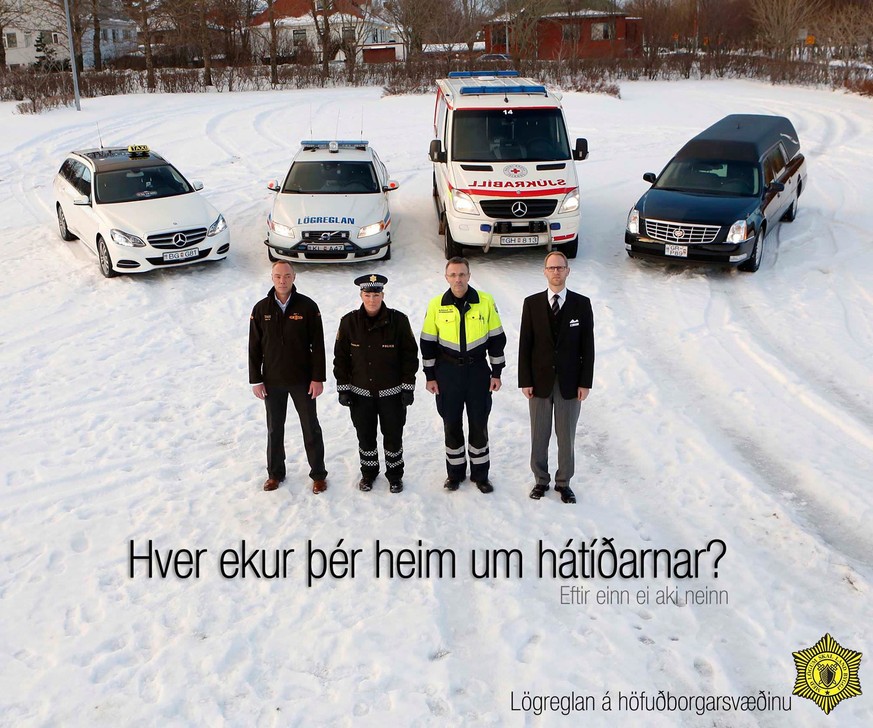 «Mit wem willst du am liebsten heimfahren?» Eine Anzeige der Polizei Reykjavík.