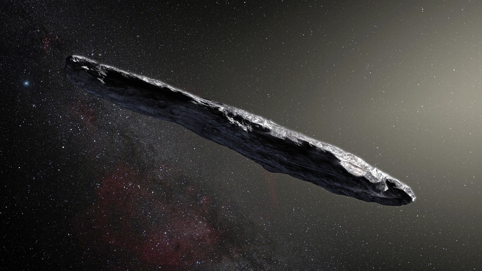 epa06340680 An undated handout photo made available by the European Southern Observatory (ESO) on 20 November 2017 shows an artist&#039;s impression shows the first interstellar asteroid `Oumuamua. Th ...