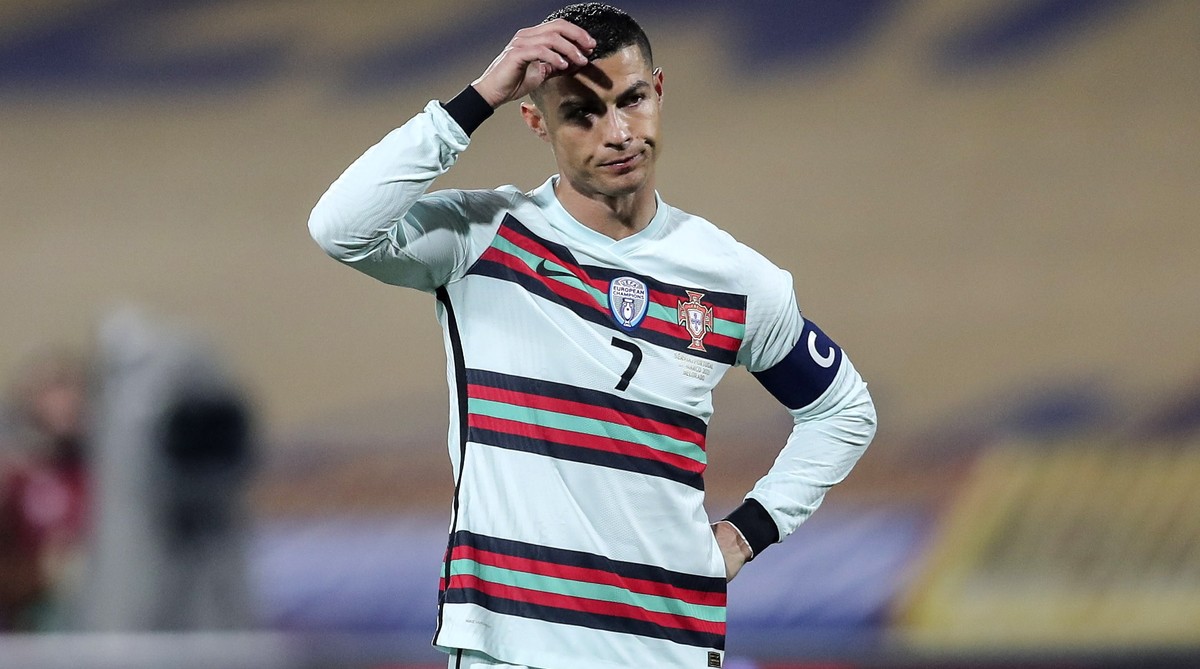 epa09102162 Portugal's Cristiano Ronaldo reacts during the Group A of FIFA World Cup Qatar 2022 qualifier match with Serbia at Rajko Mitic Stadium in Belgrade, Serbia, 27th March 2021. EPA/MIGUEL ...
