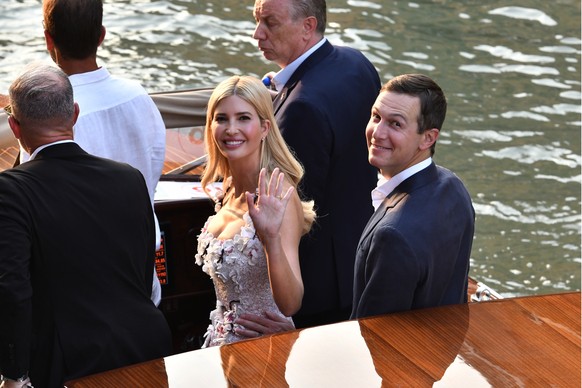US President Donald Trump's daughter Ivanka Trump, center, waves as she and her husband Jared Kushner, right, arrive in Venice, Italy, Thursday, June 26, 2025, ahead of Jeff Bezos' wedding. ...