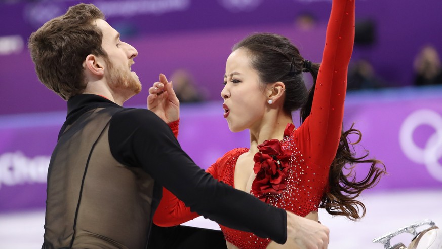 epa06541488 Min Yura and Alexander Gamelin of South Korea in action during the Ice Dance Short Dance of the Figure Skating competition at the Gangneung Ice Arena during the PyeongChang 2018 Olympic Ga ...