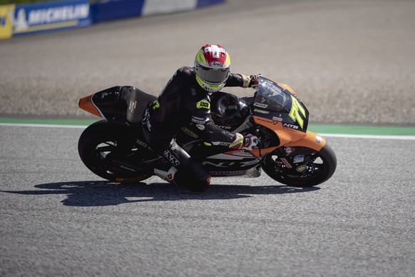 epa08617940 Swiss Moto2 rider Dominique Aegerter of NTS RW Racing GP in action during third free practice session of the Motorcycling Grand Prix of Styria at the Red Bull Ring in Spielberg, Austria, 2 ...