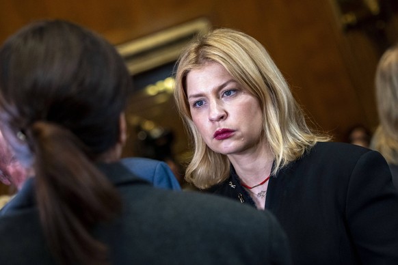 Ukrainian Ambassador to the United States Olha Stefanishyna looks on during an interview before a Senate Committee on Appropriations Subcommittee hearing entitled The Abduction of Ukrainian Children b ...