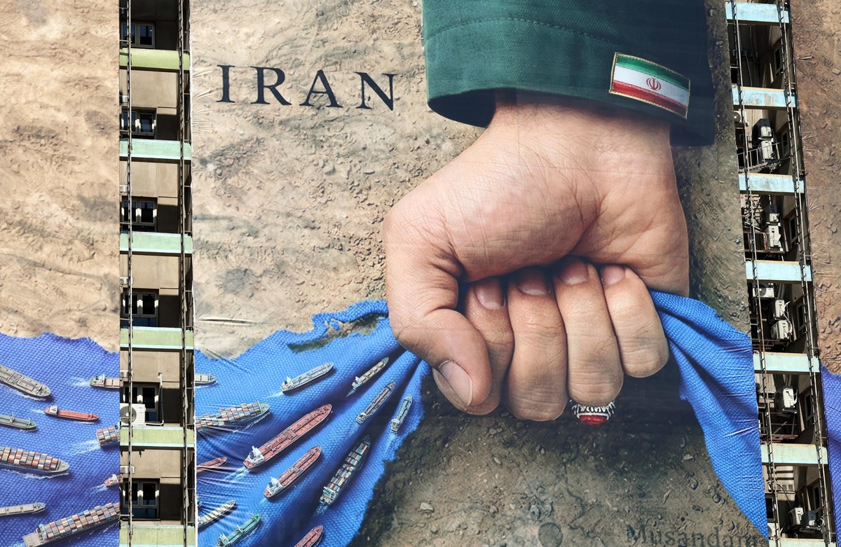 epa12891307 A large-scale billboard referring to the Strait of Hormuz and reading in Persian 'Forever on Iran's hand' is displayed at a square in Tehran, Iran, 15 April 2026. After fail ...