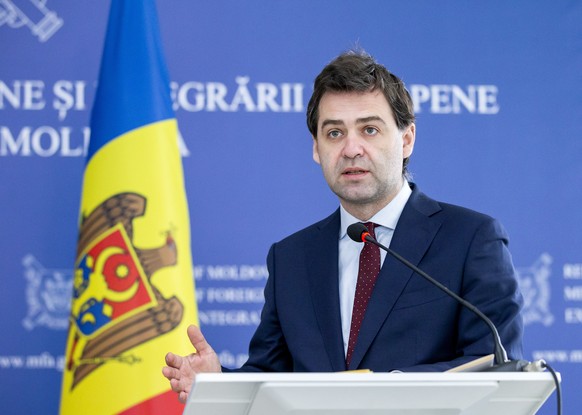 epa09887738 Moldovan Minister of Foreign Affairs and European Integration Nicu Popescu gestures at a joint press conference with Minister of Foreign Affairs, Education and Sport of Liechtenstein at th ...