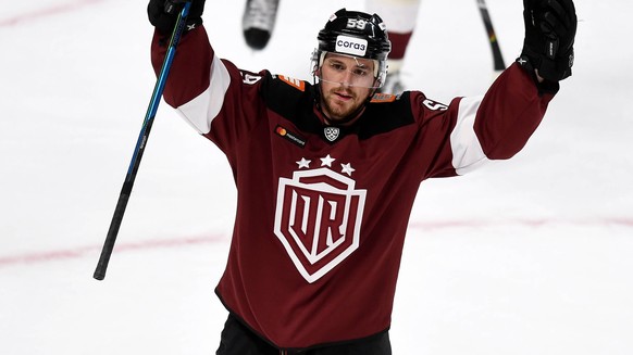 (200909) -- LATVIA, Sept. 9, 2020 -- Dinamo Riga s Zack Mitchell celebrates during the 2020-2021 Kontinental Hockey League (KHL) Ice hockey, Eishockey match between Dinamo Riga and Vityaz in Riga, Lat ...