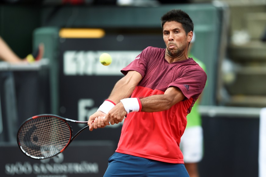 Spain&#039;s Fernando Verdasco hits a return against compatriot Albert Ramos-Vinolas during the final match of the Swedish Open in Bastad, Sweden, July 17, 2016. TT News Agency/Bjorn Lindgren/via Reut ...