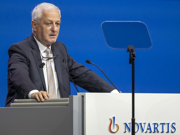 Joerg Reinhardt, Chairman of the Board CEO of Swiss pharmaceutical group Novartis, speaks during the annual general meeting in the St. Jakobshalle in Basel, Switzerland, on Tuesday, March 7, 2023. (KE ...