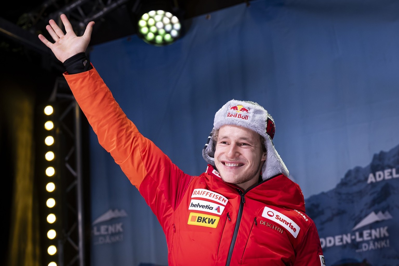 Winner Marco Odermatt of Switzerland, celebrates during the ceremony of the men&#039;s giant slalom race at the Alpine Skiing FIS Ski World Cup in Adelboden, Switzerland, Saturday, January 6, 2024. (K ...