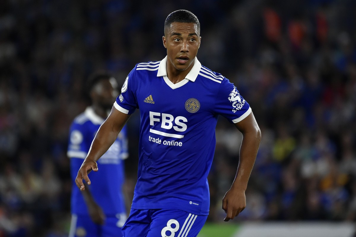 Leicester's Youri Tielemans during the English Premier League soccer match between Leicester City and Manchester United at King Power stadium in Leicester, England, Thursday, Sept. 1, 2022. (AP P ...