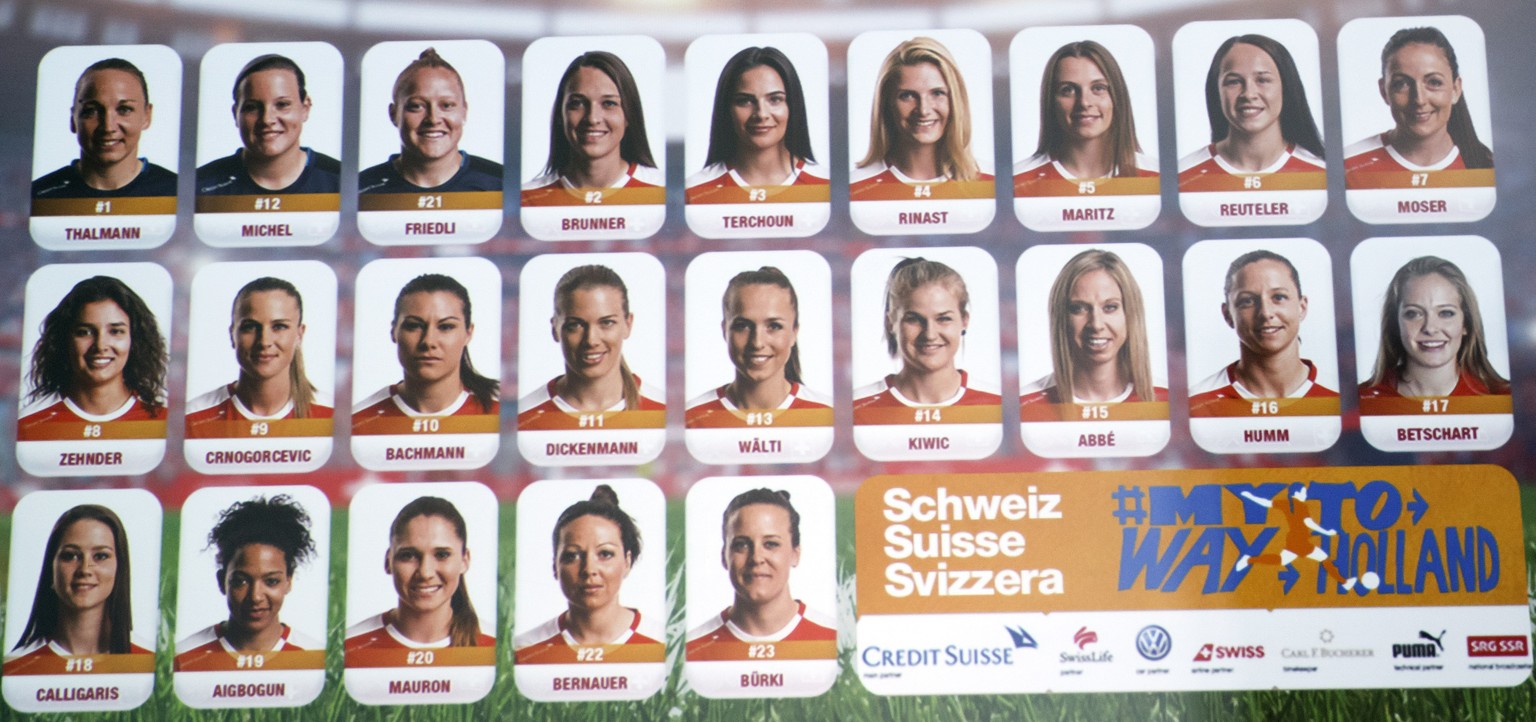 The selection of the Switzerland&#039;s national soccer team players are shown on an electronic panel, during a press conference of Swiss team for the UEFA Women&#039;s EURO 2017, in Macolin, Switzerl ...