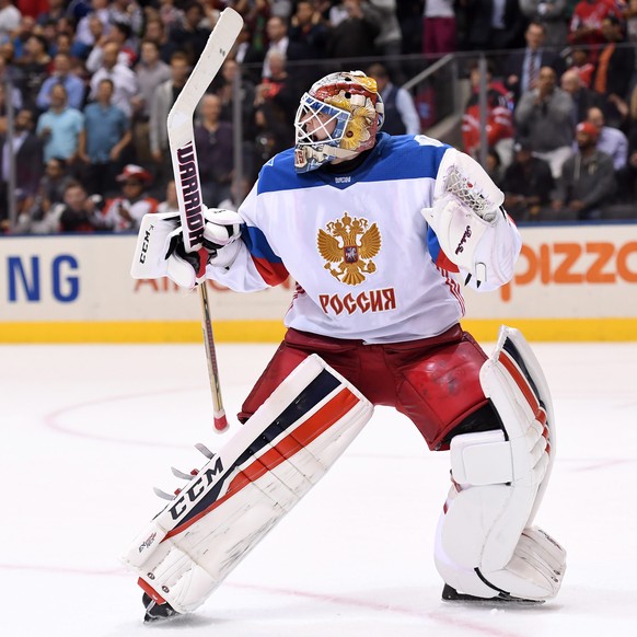 Team Russia goalie Sergei Bobrovsky (72) celebrates his team&#039;s win over Team North America following third period World Cup of Hockey action in Toronto on Monday, Sept. 19, 2016. (Frank Gunn/The  ...