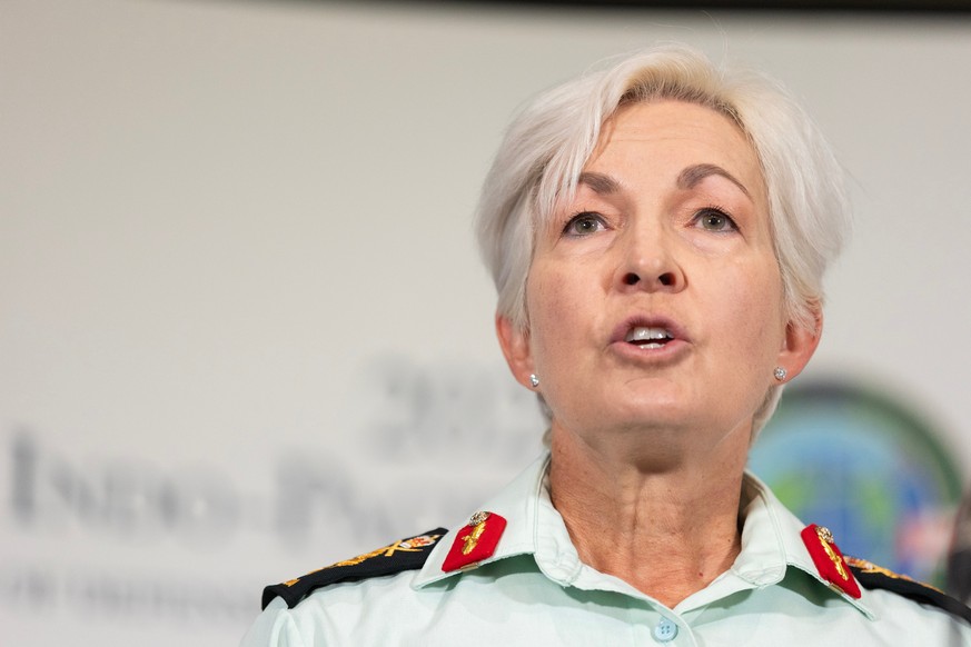 Canada Gen. Jennie Carignan speaks during a press conference while attending the 28th annual Indo-Pacific Chiefs of Defence Conference in Victoria, British Columbia, Canada, Wednesday, Sept. 2, 2026.  ...