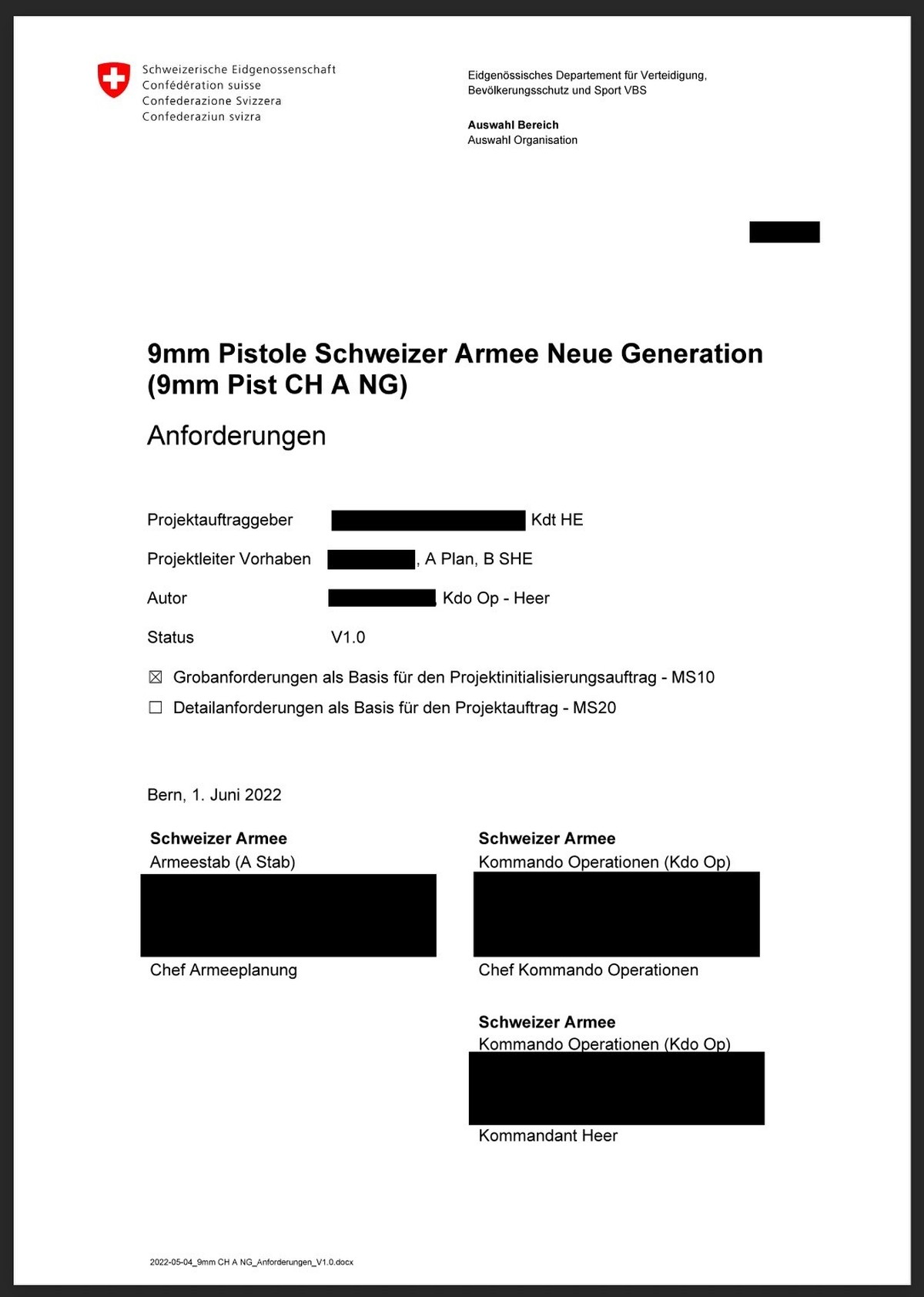 Armee-internes Dokument zu den technischen Anforderungen an die neue Schweizer Armeepistole (Pist 24).