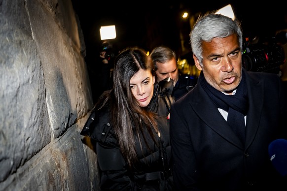 The owner of the bar in Crans-Montana, where the deadly fire happened on New Year's Day, Jessica Moretti from France, center, leaves with the lawyer Nicola Meier, after to be auditioned by the Va ...