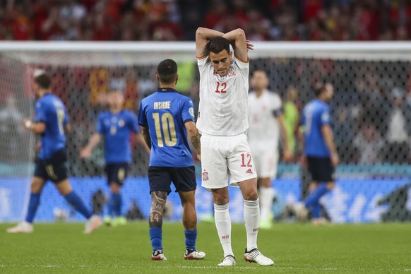 Spain's Eric Garcia gestures during the Euro 2020 soccer championship semifinal match between Italy and Spain at Wembley stadium in London, England, Tuesday, July 6, 2021. (Carl Recine/Pool Photo ...