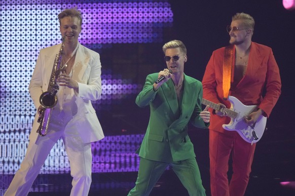 Citi Zeni from Latvia singing Eat Your Salad performs during rehearsals at the Eurovision Song Contest in Turin, Italy, Monday, May 9, 2022. (AP Photo/Luca Bruno)