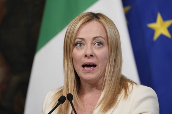 Italian Premier Giorgia Meloni, talks during a joint press conference with Israeli Prime Minister Benjamin Netanyahu at Chigi Palace government offices in Rome, Friday, March 10, 2023. (AP Photo/Andre ...