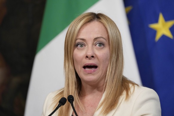 Italian Prime Minister Giorgia Meloni speaks during a joint press conference with Israeli Prime Minister Benjamin Netanyahu at the Chigi Palace government office in Rome, Friday, March 10, 2023. (AP Photo/Andre...