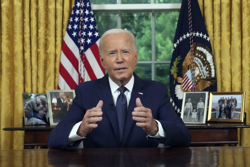 President Joe Biden addresses the nation from the Oval Office of the White House in Washington, Sunday, July 14, 2024, about the assassination attempt of Republican presidential candidate former Presi ...