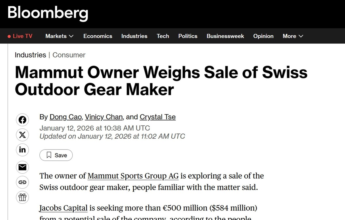 L'agence de presse américaine Bloomberg fait état d'une possible vente de Mammut.