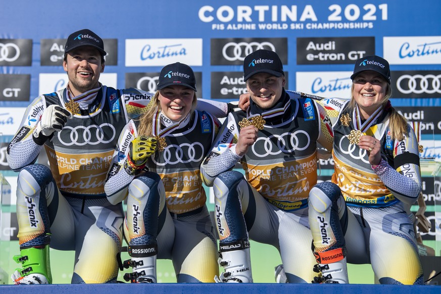 Sebastian Foss-Solevaag, Thea Louise Stjernesund, Fabian Wilkens Solheim, and Kristina Riis-Johannessen from Norway celebrate their Gold medals during the medals ceremony of the Alpine Team event race ...