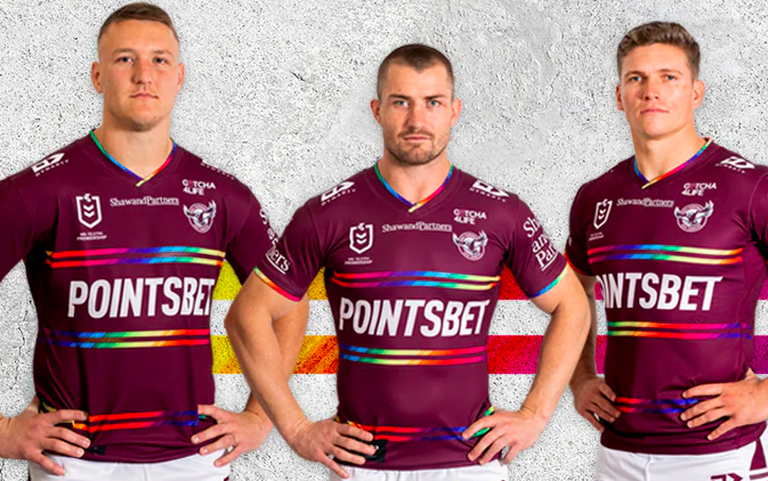 Dieses Trio trägt das Trikot für die Werbekampagne: Sean Keppie, Kieran Foran und Reuben Garrick.