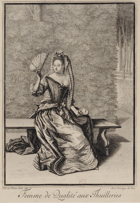 Nicht nur die Kleidung, sondern auch die Gesten und die Umgebung gehörten zur Mode. Jean Dieu de Saint-Jeans Femme de Qualité aux Thuilleries, 1668.
https://gallica.bnf.fr/ark:/12148/btv1b8406575c