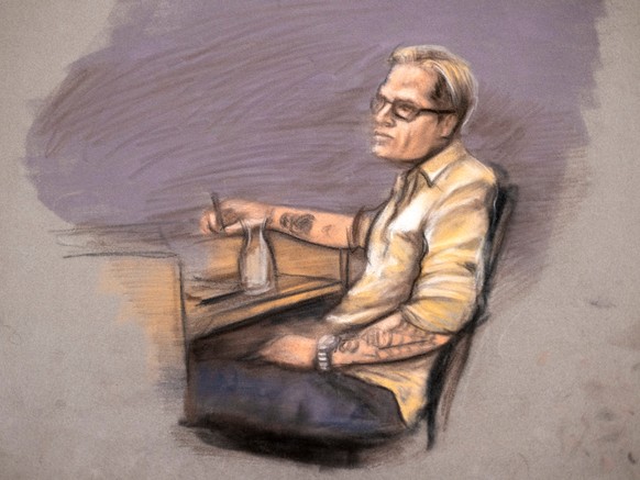 A court sketch of Marius Borg Hoiby during the second day of the trial against him, which is taking place in room 250 of the Oslo District Court, Norway, Wednesday, Feb. 4, 2026. (Ane Hem/NTB Scanpix  ...