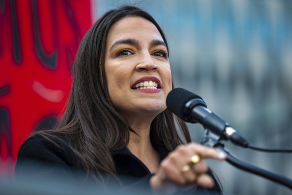 Rep. Alexandria Ocasio-Cortez (D-N.Y.) speaks at the NYCLU&#039;s May Day rally for worker&#039;s and immigrants rights at Foley Square, Thursday, May 1, 2025, in New York. (AP Photo/Angelina Katsanis ...