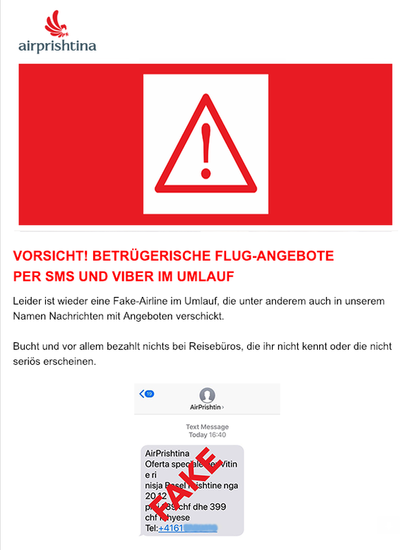 Mit diesem Mail warnt Air Prishtina vor den falschen Flugangeboten.