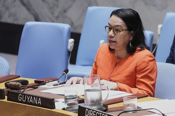 Guyana UN Ambassador and current Security Council President Carolyn Rodrigues-Birkett addresses a United Nations Security Council meeting, Monday, June 30, 2025. (AP Photo/Richard Drew)
Carolyn Rodrig ...