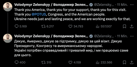 Wolodymyr Selenskyj schreibt auf Twitter ein Statement nach dem Treffen mit Donald Trump.