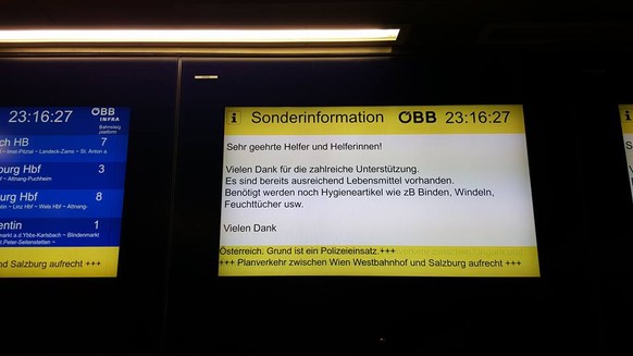 Sonderinformation der Österreichischen Bundesbahn: Lebensmittel sind genug vorhanden, benötigt werden noch Hygieneartikel.&nbsp;