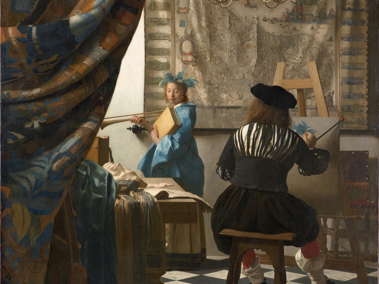 Jan Vermeer, Die Malkunst, um 1670. Maler und Clio, Muse der Geschichte (Ausschnitt).
https://www.khm.at/objektdb/detail/2574/