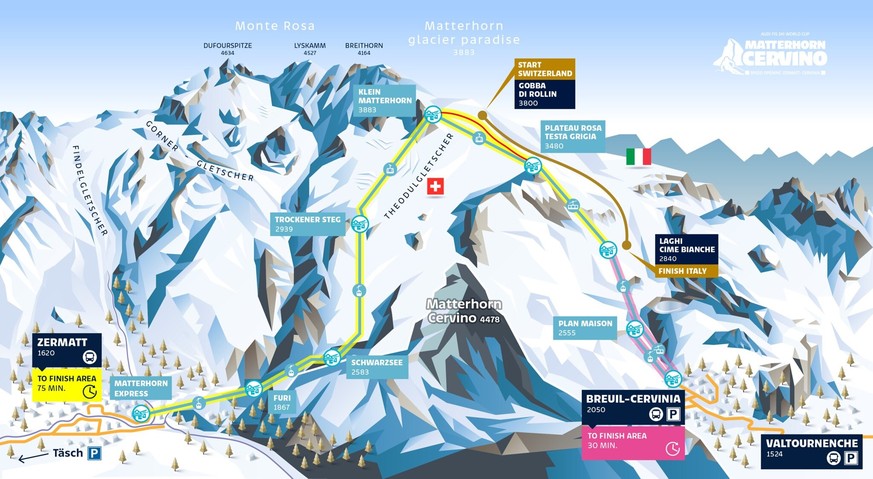 Der Weg von Zermatt in den Zielraum der Weltcuprennen.