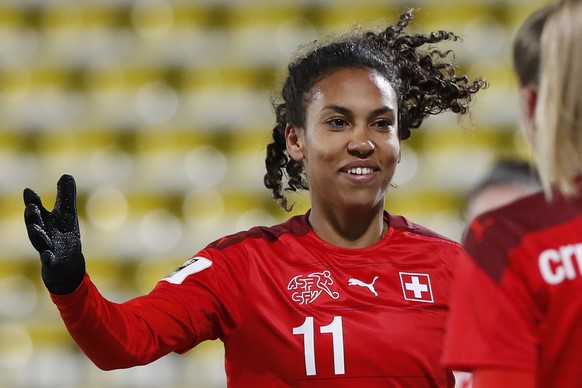 Switzerland&#039;s Coumba Sow celebrates after scoring her side&#039;s third goal during the Women&#039;s World Cup 2023 Group G qualifying soccer match between Lithuania and Switzerland at LFF stadiu ...