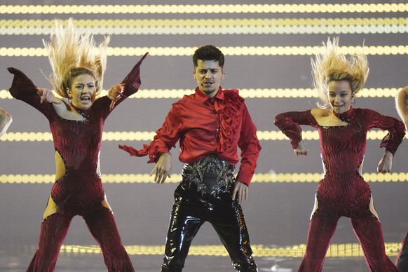 WRS from Romania singing &#039;Llamane&#039; performs during the final dress rehearsal at the Eurovision Song Contest in Turin, Italy, Friday, May 13, 2022. (AP Photo/Luca Bruno)