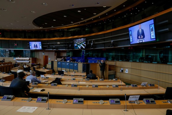 epa09076192 NATO Secretary General Jens Stoltenberg (on screen) takes part in videoconference during a Subcommittee on Security and Defence, jointly with the Committee on Foreign Affairs and in associ ...