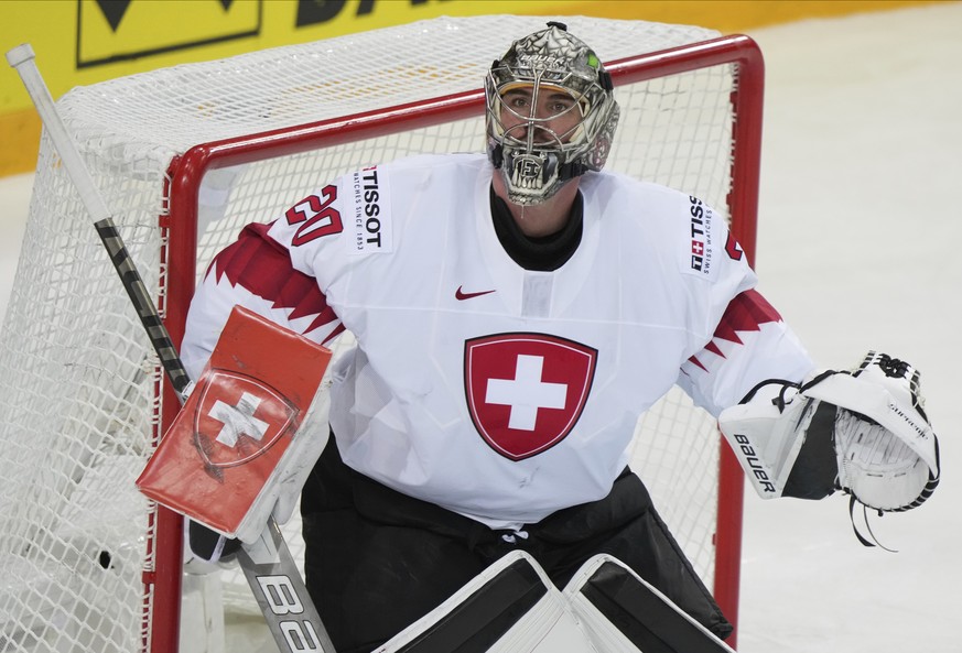 Goalie Reto Berra of Switzerland during the Ice Hockey World Championship group A match between the Denmark and Switzerland at the Olympic Sports Center in Riga, Latvia, Sunday May 23, 2021. (AP Photo ...