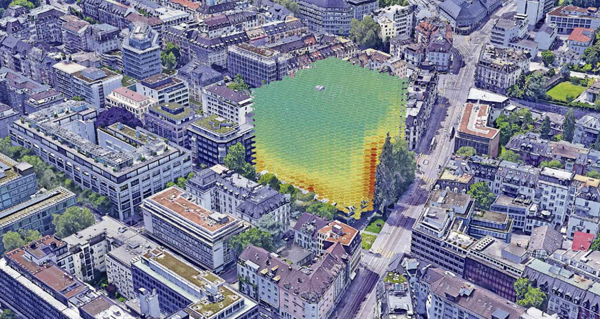 Visualisierung einer digitalen Datenanalyse des Start-ups Archilyse: Wo im Gebäude der Blick auf umliegende Bäume fällt (Hochhaus zur Palme, Zürich).