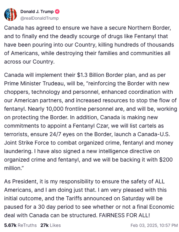 Trump auf Truth Social zum Telefonat mit Trudeau.